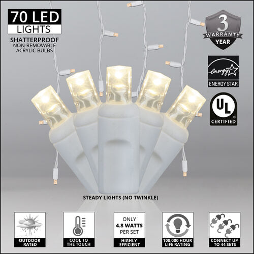 70 Warm White 5mm LED Icicle Lights on White Wire