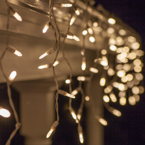70 Warm White M5 LED Icicle Lights on White Wire