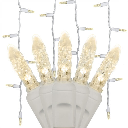 70 Warm White M5 LED Icicle Lights on White Wire