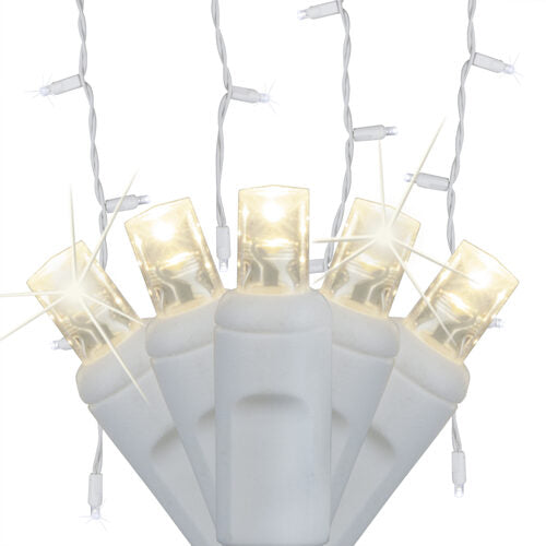 70 Warm White Twinkle 5mm LED Icicle Lights on White Wire