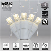 70 Warm White Twinkle 5mm LED Icicle Lights on White Wire