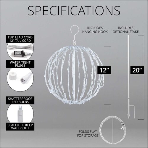 Cool White LED Light Ball, Fold Flat White Frame