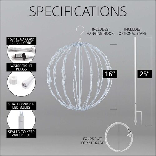 Cool White LED Light Ball, Fold Flat White Frame