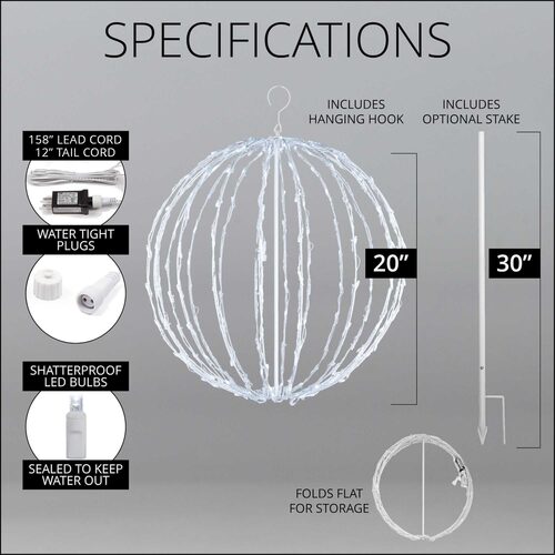Cool White LED Light Ball, Fold Flat White Frame