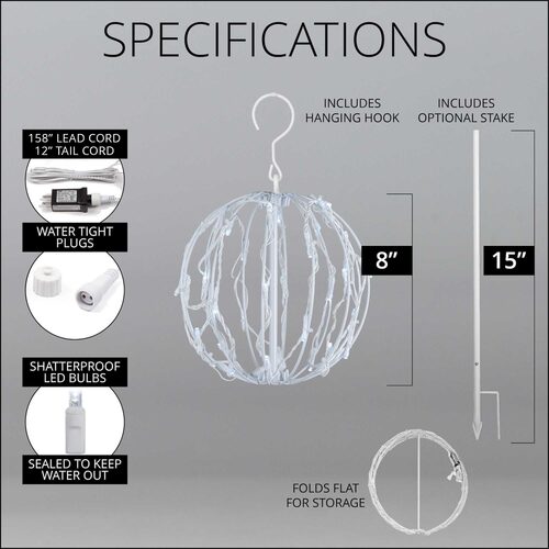 Cool White LED Light Ball, Fold Flat White Frame
