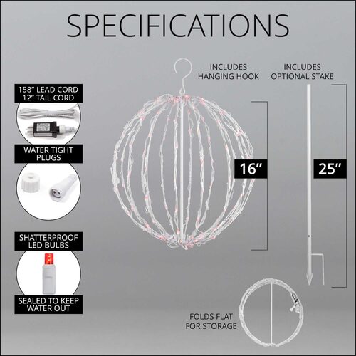 Red LED Light Ball, Fold Flat White Frame