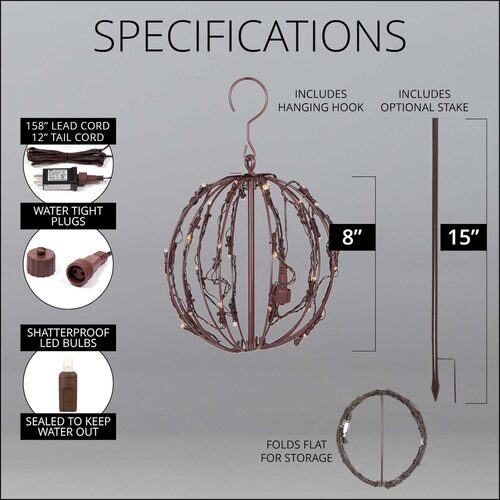 Warm White LED Light Ball, Fold Flat Brown Frame