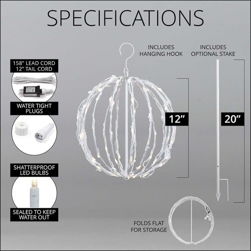 Warm White LED Light Ball, Fold Flat White Frame