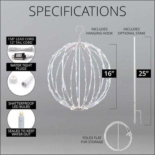 Warm White LED Light Ball, Fold Flat White Frame