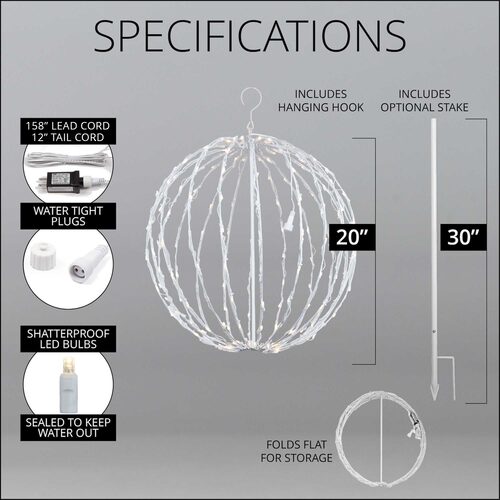 Warm White LED Light Ball, Fold Flat White Frame