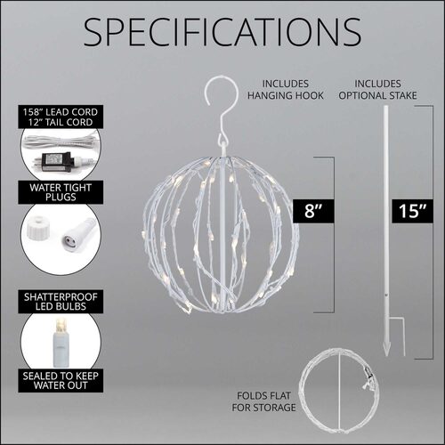 Warm White LED Light Ball, Fold Flat White Frame