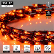 9' Garland Lights, 300 Orange LED Lights, Black Wire