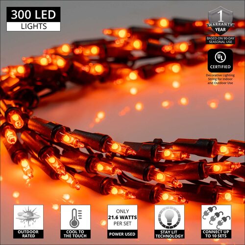 9' Garland Lights, 300 Orange LED Lights, Black Wire