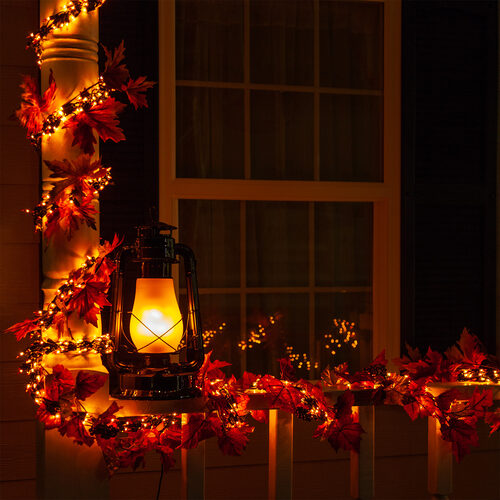 9' Garland Lights, 300 Orange LED Lights, Black Wire