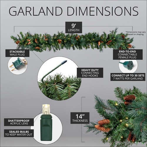 Mixed Noble Prelit Commercial LED Holiday Garland, Warm White Lights