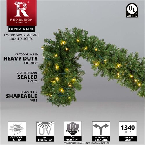Olympia Pine Prelit Commercial LED Swag Holiday Garland, Warm White Lights