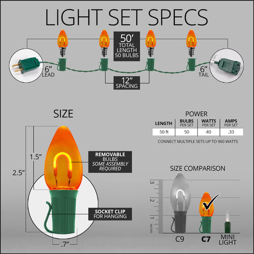 C7 Amber FlexFilament Shatterproof Vintage Commercial LED Christmas Lights, Lights
