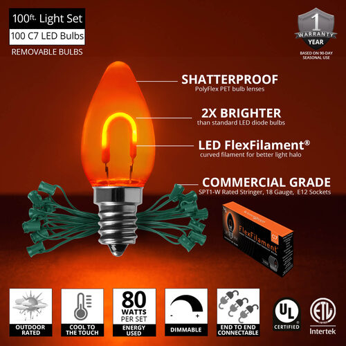 C7 Amber FlexFilament Shatterproof Vintage Commercial LED Christmas Lights, Lights