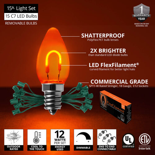 C7 Amber FlexFilament Shatterproof Vintage Commercial LED Christmas Lights, Lights