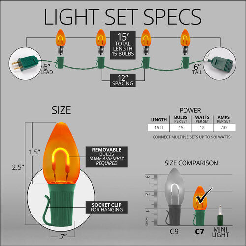 C7 Amber FlexFilament Shatterproof Vintage Commercial LED Christmas Lights, Lights