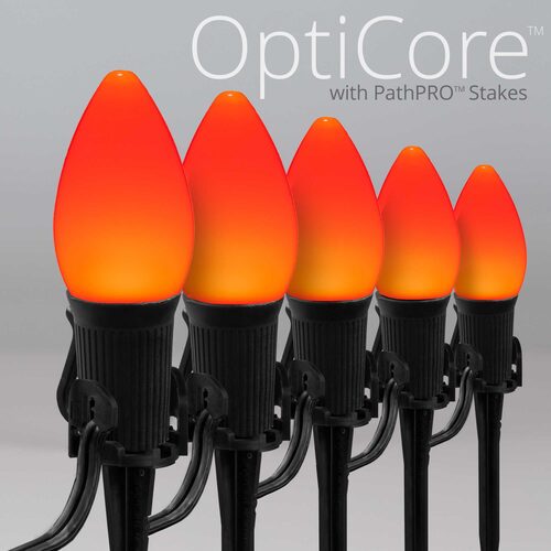 C7 Amber Smooth OptiCore Halloween Pathway Lights, 50 Lights, 5 Inch PathPRO TM Stakes, 50'