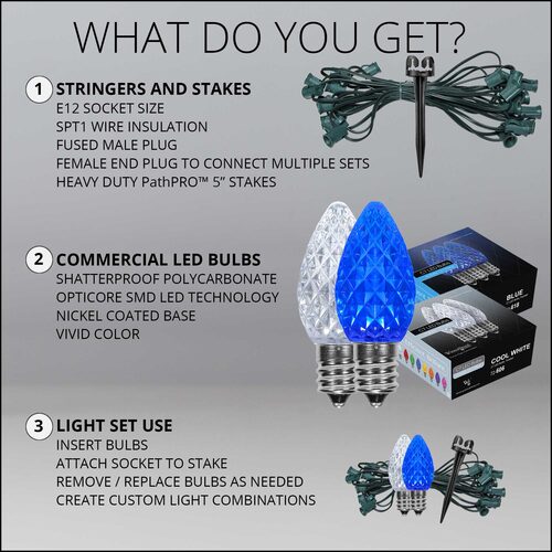 C7 Blue / Cool White OptiCore Christmas Pathway Lights, Lights, PathPRO TM Stakes