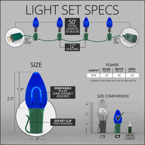 C7 Blue FlexFilament Shatterproof Vintage Commercial LED Christmas Lights, Lights