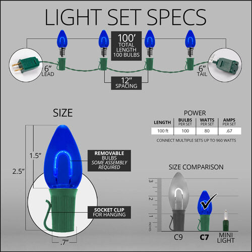 C7 Blue FlexFilament Shatterproof Vintage Commercial LED Christmas Lights, Lights