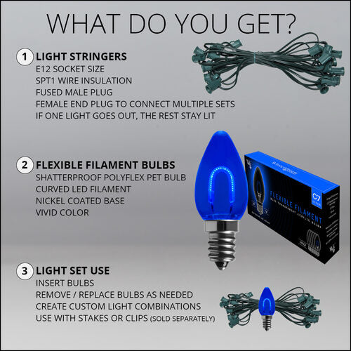 C7 Blue FlexFilament Shatterproof Vintage Commercial LED Christmas Lights, Lights