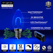 C7 Blue FlexFilament Shatterproof Vintage Commercial LED Christmas Lights, Lights