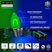 C7 Blue / Green FlexFilament Shatterproof Vintage Commercial LED Christmas Lights, Lights