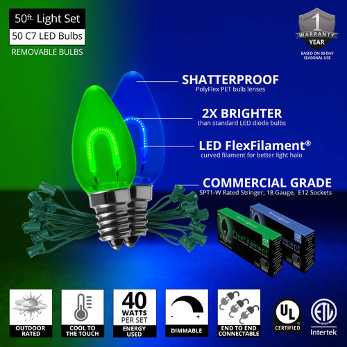 C7 Blue / Green FlexFilament Shatterproof Vintage Commercial LED Christmas Lights, Lights