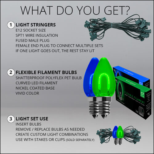 C7 Blue / Green FlexFilament Shatterproof Vintage Commercial LED Christmas Lights, Lights