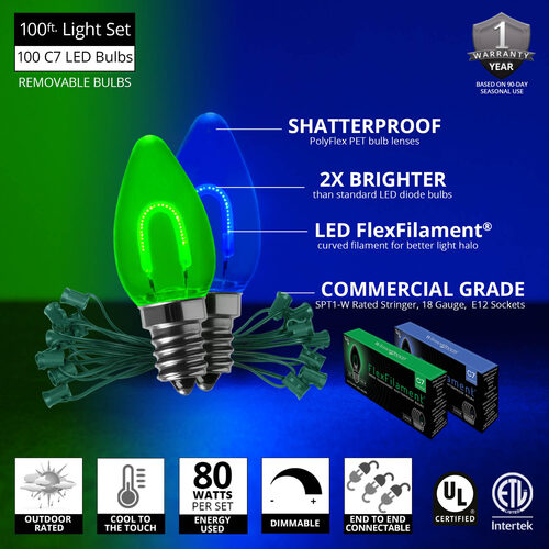 C7 Blue / Green FlexFilament Shatterproof Vintage Commercial LED Christmas Lights, Lights