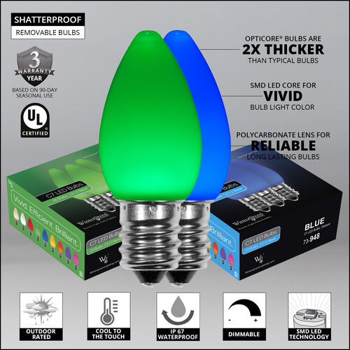 C7 Blue / Green Smooth OptiCore Commercial LED Christmas Lights, Lights