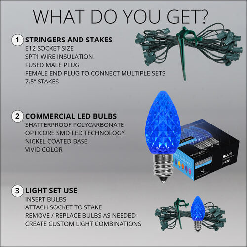 C7 Blue OptiCore Christmas LED Pathway Lights, 100 Lights, 7.5 Inch Stakes, 100'