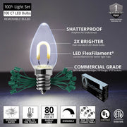 C7 Cool White FlexFilament Shatterproof Vintage Commercial LED Christmas Lights, Lights