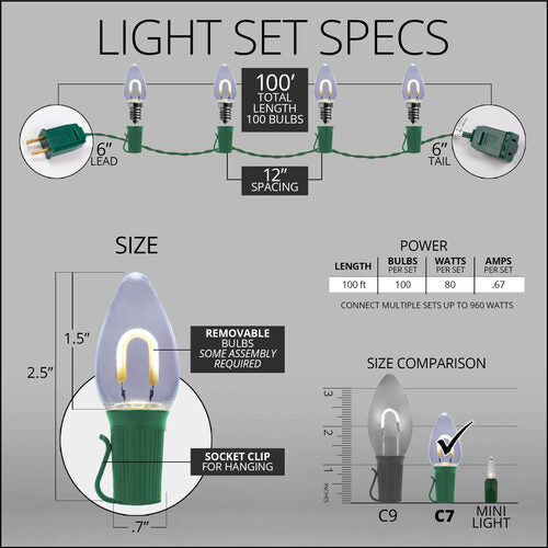 C7 Cool White FlexFilament Shatterproof Vintage Commercial LED Christmas Lights, Lights