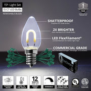 C7 Cool White FlexFilament Shatterproof Vintage Commercial LED Christmas Lights, Lights