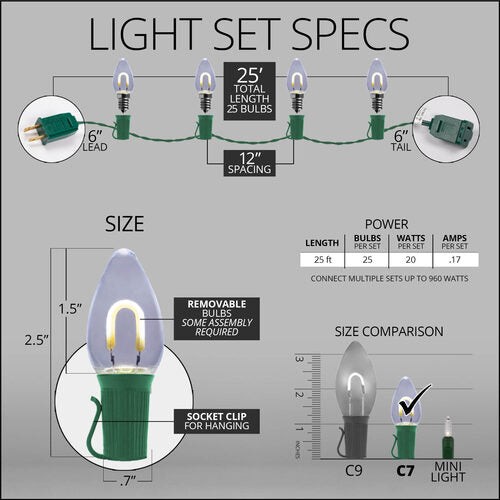 C7 Cool White FlexFilament Shatterproof Vintage Commercial LED Christmas Lights, Lights