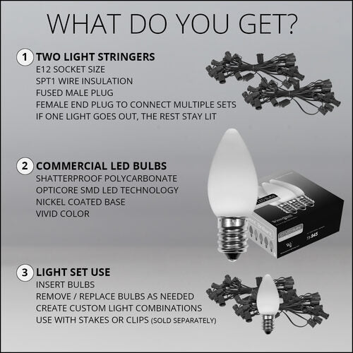 C7 Cool White / Green Smooth OptiCore Commercial LED Christmas Lights, Lights
