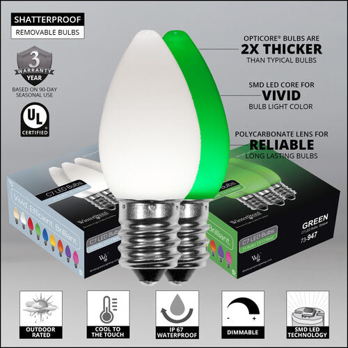 C7 Cool White / Green Smooth OptiCore Commercial LED Christmas Lights, Lights