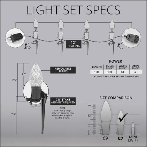 C7 Cool White OptiCore Christmas LED Pathway Lights, 100 Lights, 7.5 Inch Stakes, 100'