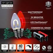 C7 Cool White / Red FlexFilament Shatterproof Vintage Commercial LED Christmas Lights, Lights