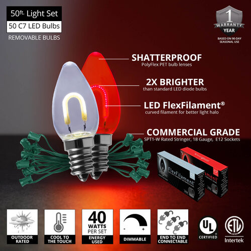 C7 Cool White / Red FlexFilament Shatterproof Vintage Commercial LED Christmas Lights, Lights