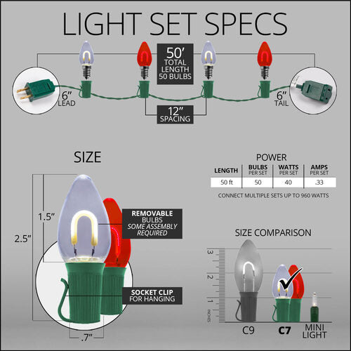 C7 Cool White / Red FlexFilament Shatterproof Vintage Commercial LED Christmas Lights, Lights