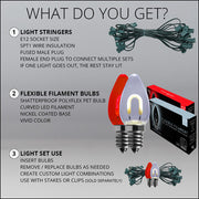 C7 Cool White / Red FlexFilament Shatterproof Vintage Commercial LED Christmas Lights, Lights