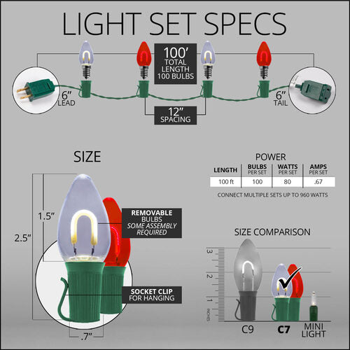 C7 Cool White / Red FlexFilament Shatterproof Vintage Commercial LED Christmas Lights, Lights