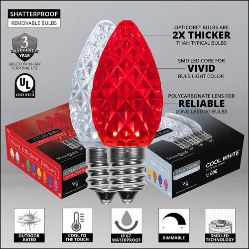 C7 Cool White / Red OptiCore Commercial LED Christmas Lights, Lights