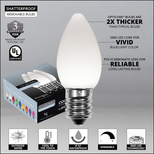 C7 Cool White Smooth OptiCore Commercial LED Christmas Lights, Lights